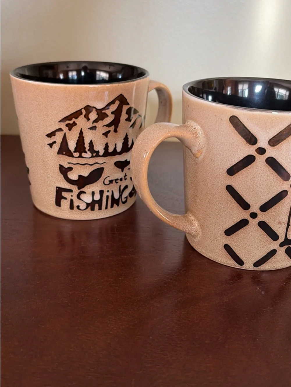 Pfaltzgraff “Wilderness” mugs Deer & Great Fishing tan and brown stoneware Rare